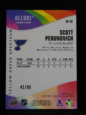 22-23 Allure Scott Perunovich SF-22 Yellow-Green Spectrum St. Louis Blues	42/65 back